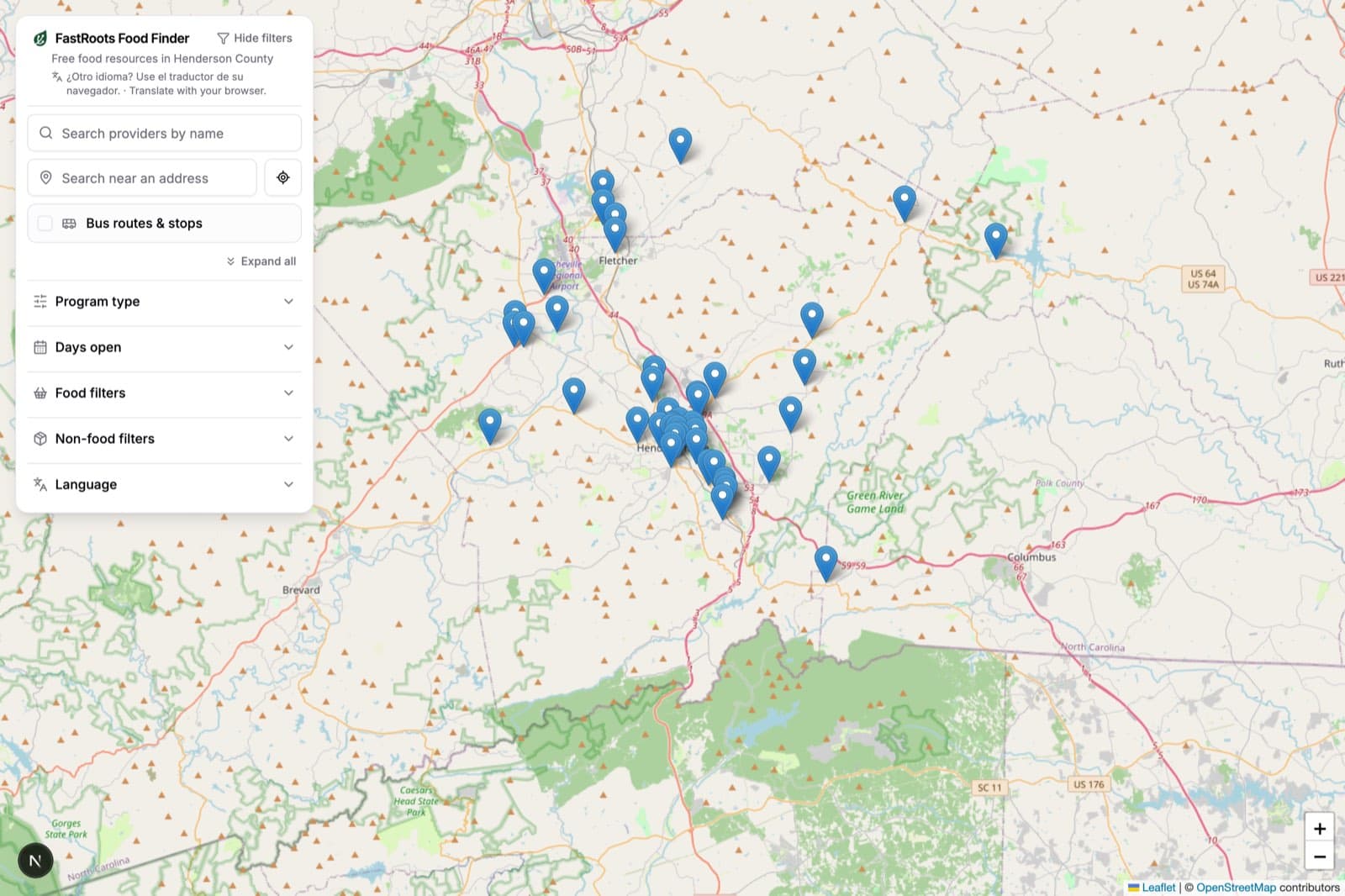 The public FastRoots Food Finder: a county map of verified food providers with filters for program type, days open, food and language