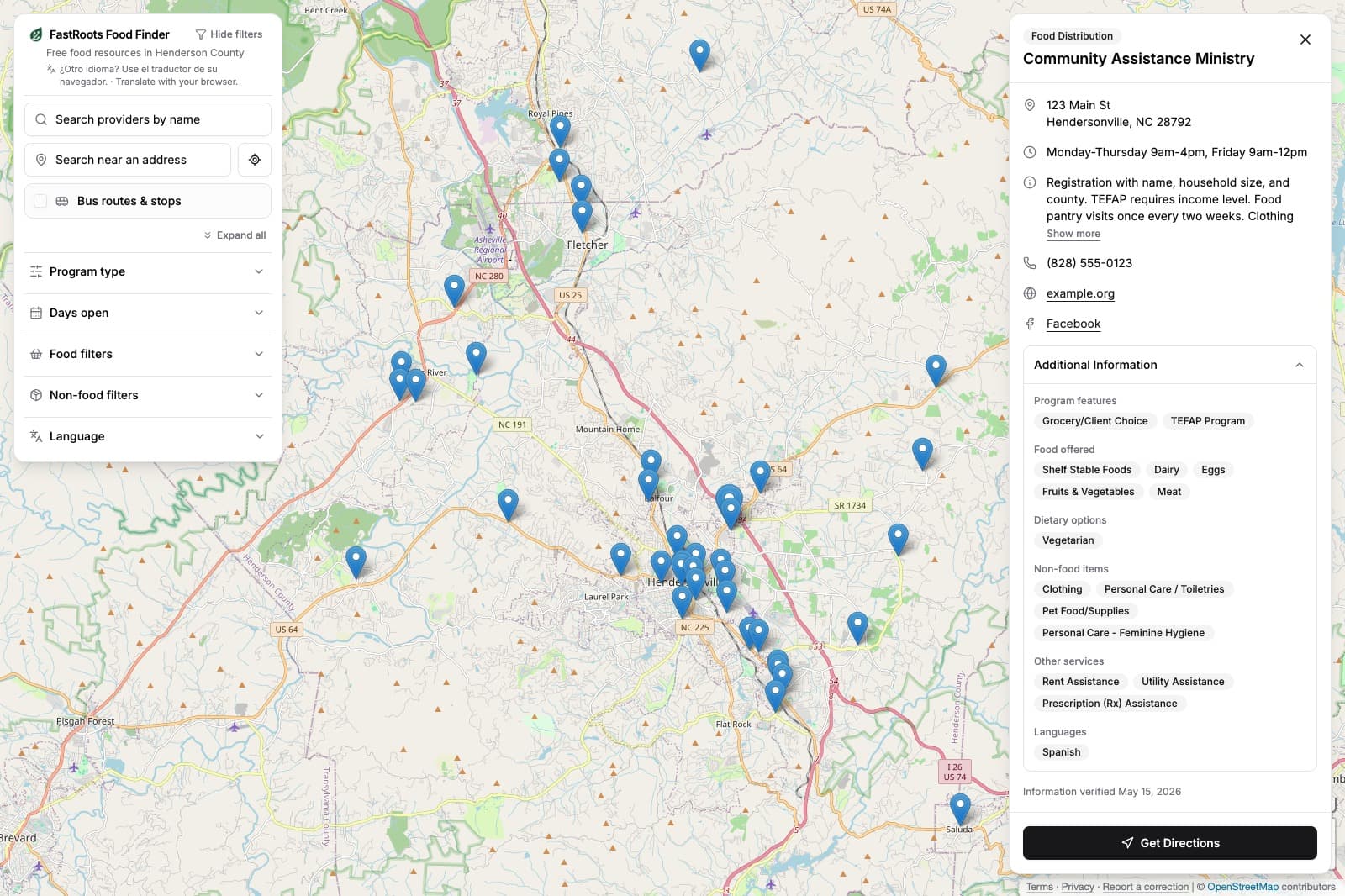 A provider record showing address, hours, access requirements, phone, website, program features, foods offered, non-food items, other services, languages, and the date the information was last verified